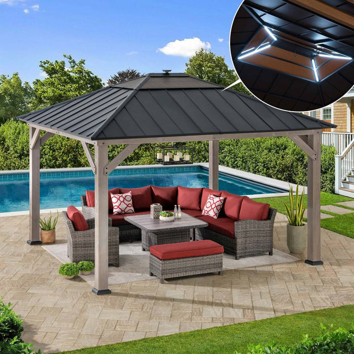 SUNJOY 11x13 Wooden Gazebo with Solar Panel, LED Lights and Ceiling Hook - Driftwood Cedar