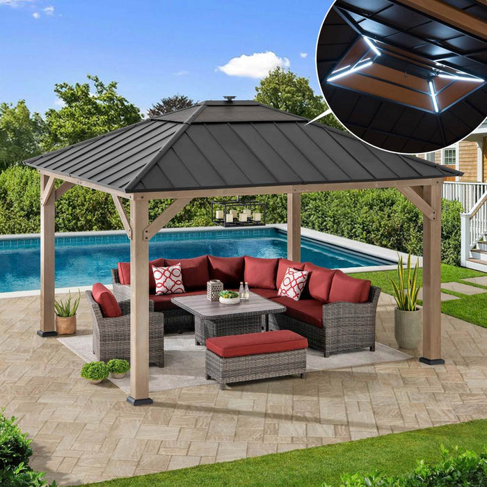 SUNJOY 11x13 Wooden Gazebo with Solar Panel, LED Lights and Ceiling Hook - Weathered Cedar
