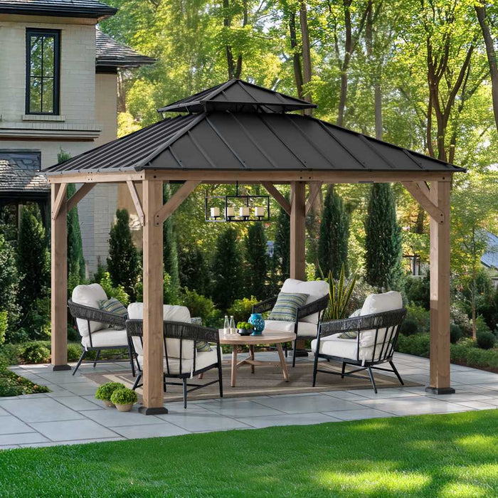 SUNJOY 11x11 Wooden Frame Backyard Hardtop Gazebo with Ceiling Hook - Standard Warm Cedar
