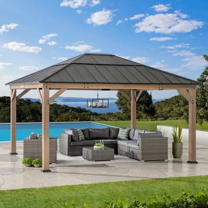 SUNJOY 13x15 Wooden Gazebo with Translucent Skylight and Ceiling Hook - Weathered Cedar