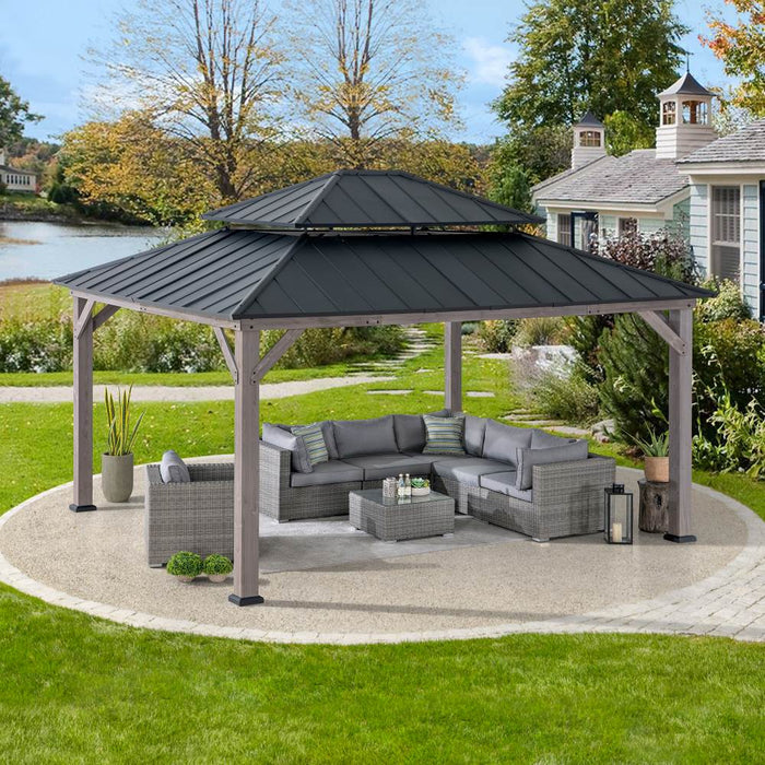 SUNJOY 13x15 Wooden Backyard Gazebo with Ceiling Hook - Driftwood Cedar