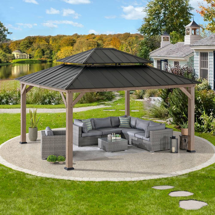 SUNJOY 13x15 Wooden Backyard Gazebo with Ceiling Hook - Weathered Cedar