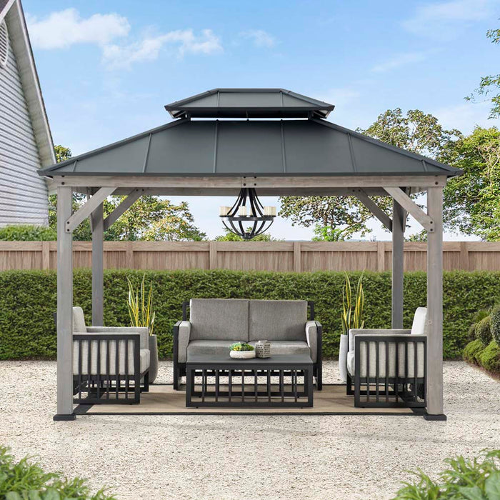 SUNJOY 10x12 Wood Gazebo with 2-tier Metal Roof and Ceiling Hook - Driftwood Cedar