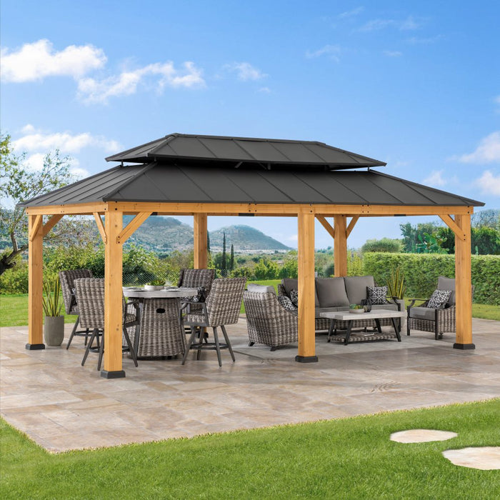 SUNJOY 12x20 Aluminum Hardtop Gazebo with Dual Rails and Ceiling Hook - Natural Cedar