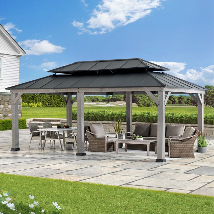 SUNJOY 12x20 Aluminum Hardtop Gazebo with Dual Rails and Ceiling Hook - Driftwood Cedar