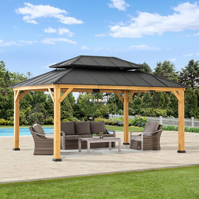 SUNJOY 12x16 Wooden Gazebo with 2-tier Metal Roof and Ceiling Hook - Natural Cedar
