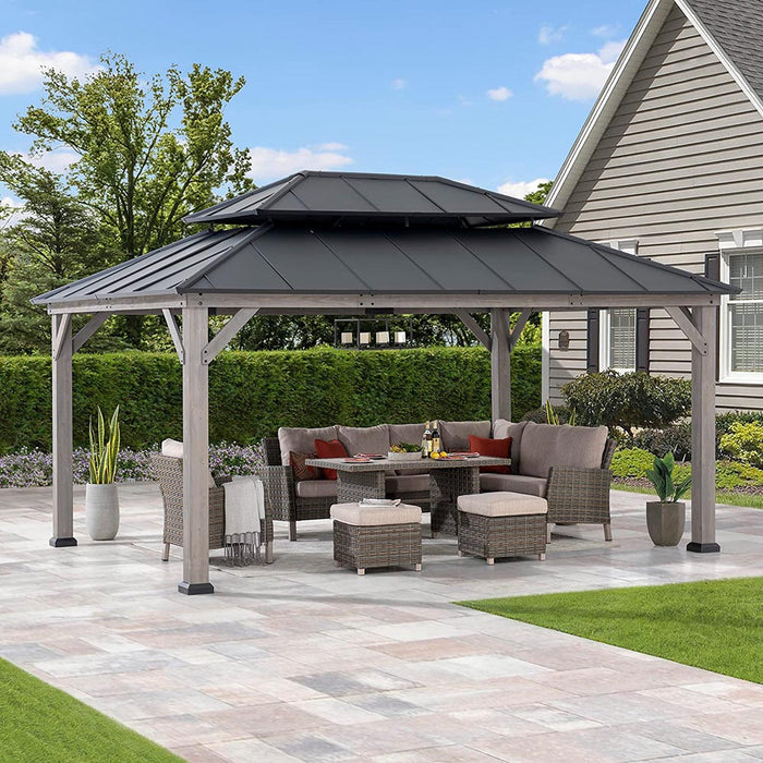 SUNJOY 12x16 Wooden Gazebo with 2-tier Metal Roof and Ceiling Hook - Driftwood Cedar