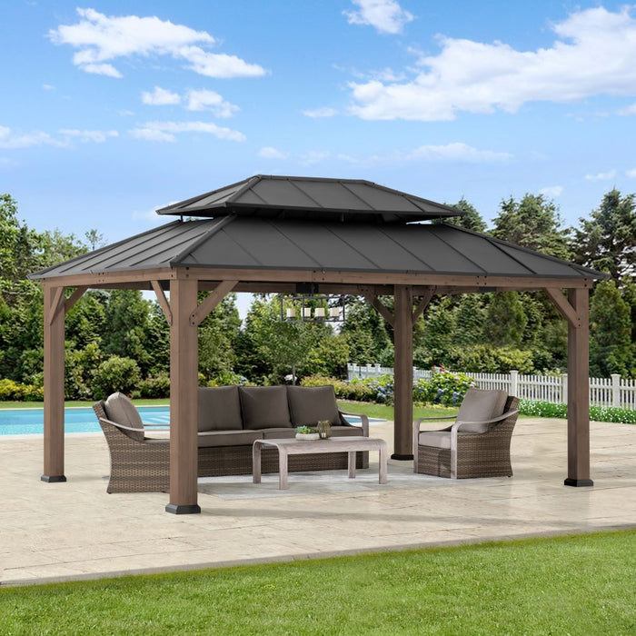 SUNJOY 12x16 Cedar Frame Gazebo with Steel Roof, Netting and Ceiling Hook - Weathered Cedar