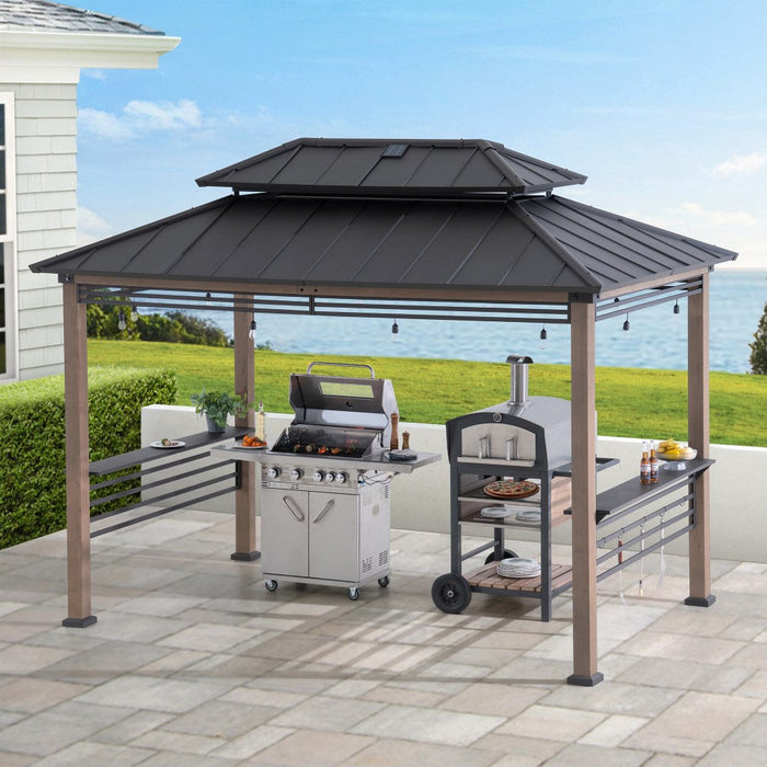 SUNJOY 8x12 Brown Wood Grill Gazebo with Solar Power, Fence and Shelves