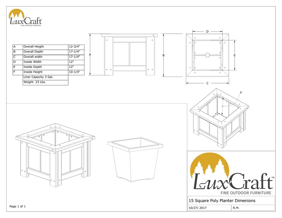 LuxCraft Recycled Plastic Classic 15" Square Planter - LEAD TIME TO SHIP 3 TO 4 WEEKS