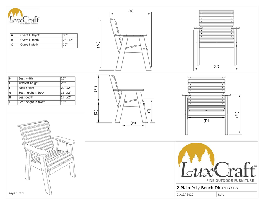 LuxCraft Plain Rollback Recycled Plastic 2ft Bench  - LEAD TIME TO SHIP 7 BUSINESS DAYS OR LESS