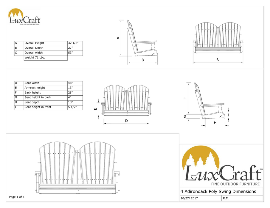 LuxCraft Adirondack 4ft. Recycled Plastic Porch Swing  - LEAD TIME TO SHIP 7 BUSINESS DAYS OR LESS