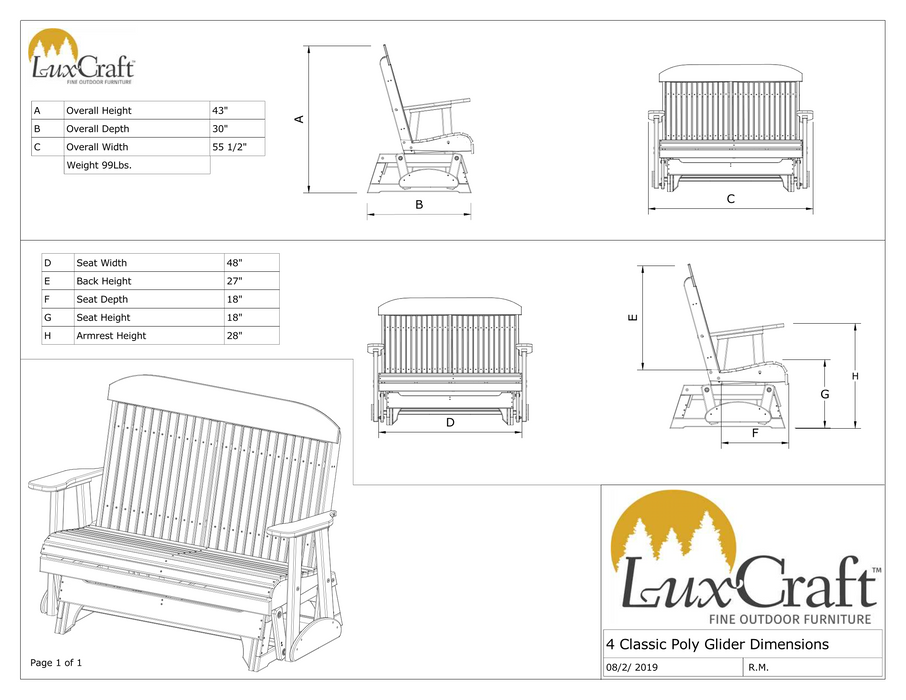 LuxCraft Classic Highback 4ft. Recycled Plastic Patio Glider  - LEAD TIME TO SHIP 7 BUSINESS DAYS OR LESS