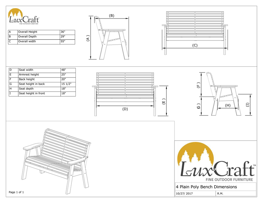 LuxCraft Rollback Recycled Plastic 4ft Plain Bench - LEAD TIME TO SHIP 7 BUSINESS DAYS OR LESS