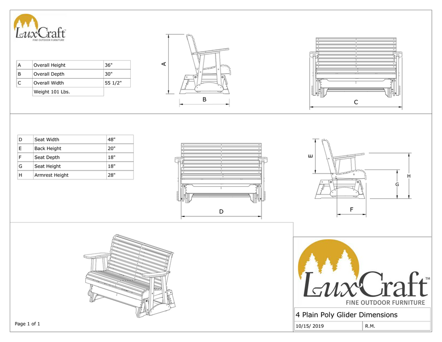 LuxCraft Rollback Recycled Plastic 4ft. Plain Patio Glider - LEAD TIME TO SHIP 7 BUSINESS DAYS OR LESS