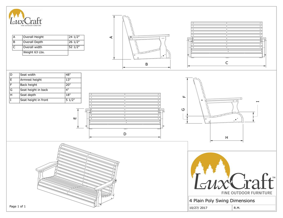 LuxCraft Rollback 4ft. Recycled Plastic Porch Swing - LEAD TIME TO SHIP 7 BUSINESS DAYS OR LESS
