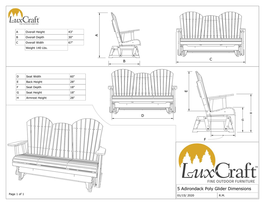 LuxCraft Recycled Plastic 5' Adirondack Glider Chair With Flip Down Center Console  - LEAD TIME TO SHIP 7 BUSINESS DAYS OR LESS