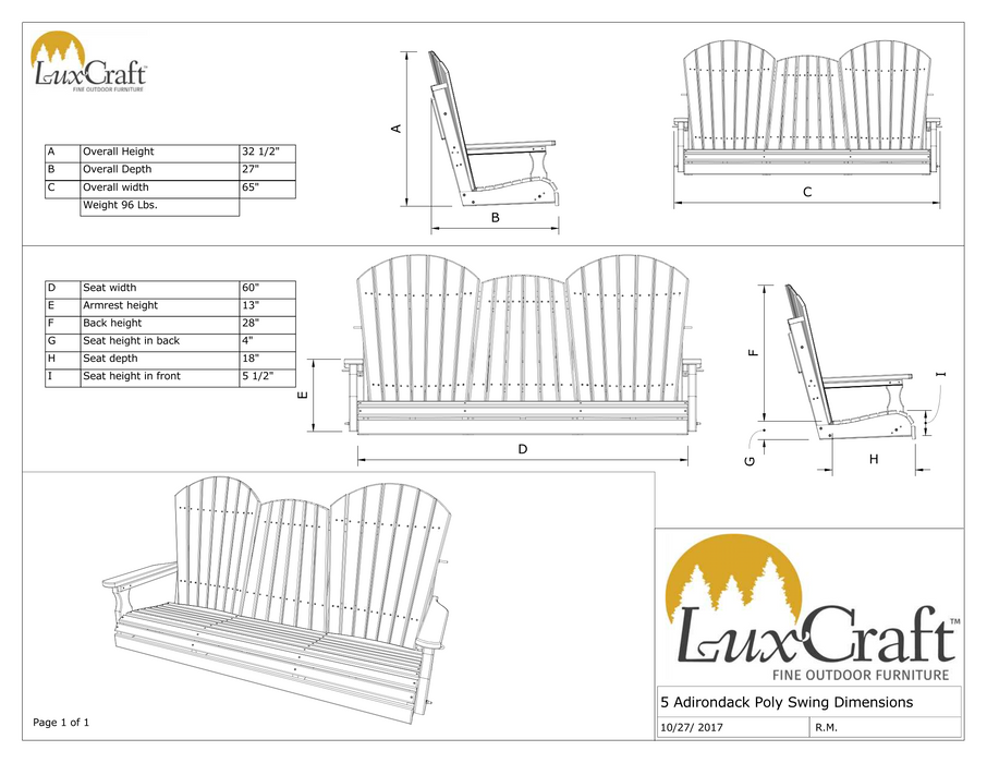 LuxCraft Adirondack 5ft. Recycled Plastic Porch Swing with Flip Down Center Console  - LEAD TIME TO SHIP 7 BUSINESS DAYS OR LESS