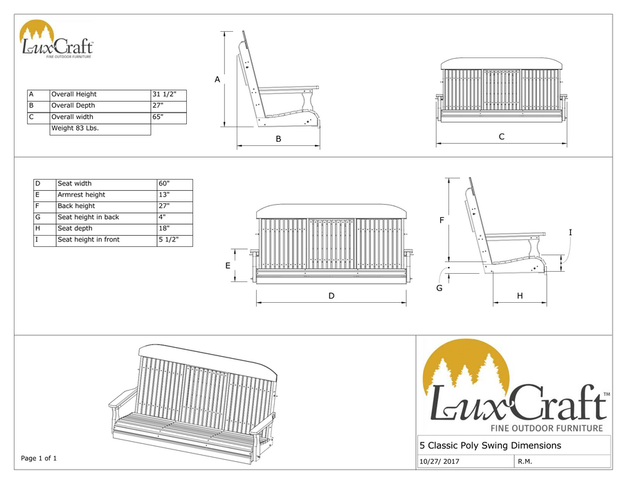LuxCraft Classic Highback 5ft. Recycled Plastic Porch Swing with Flip Down Center Console - LEAD TIME TO SHIP 7 BUSINESS DAYS OR LESS