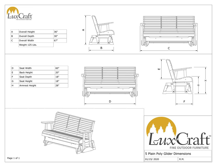 LuxCraft 5' Rollback Recycled Plastic Patio Glider with Flip Down Center Console - LEAD TIME TO SHIP 7 BUSINESS DAYS OR LESS