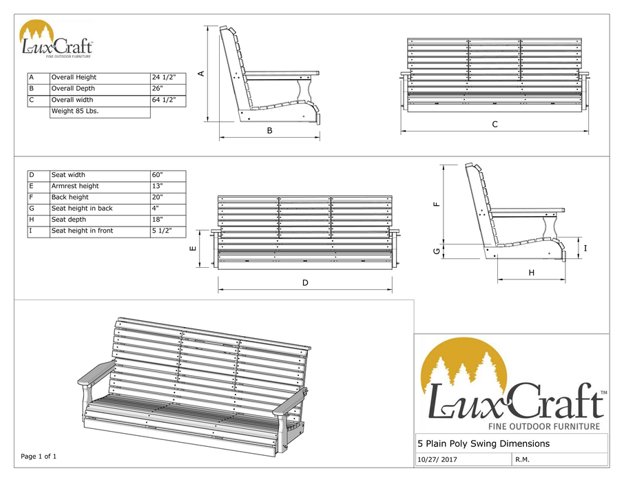LuxCraft Rollback 5ft Recycled Plastic Plain Porch Swing with Flip Down Center Console - LEAD TIME TO SHIP 7 BUSINESS DAYS OR LESS