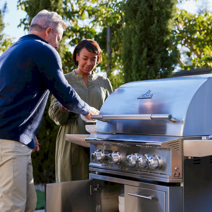 Blaze Grill Package - LTE PRO 32-Inch 4-Burner Propane Gas Grill with Digital Temperature Screen and Rear Infrared Burner, and Grill Cart in Stainless Steel (AP2-GRIDDLE-LTE3-NG)