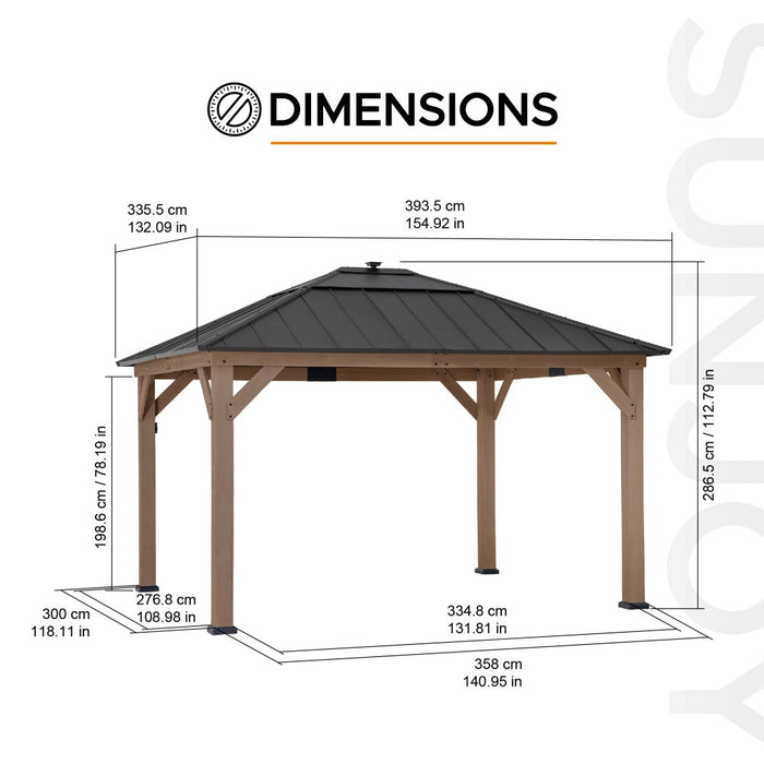 SUNJOY 11x13 Wooden Gazebo with Solar Panel, LED Lights and Ceiling Hook - Weathered Cedar