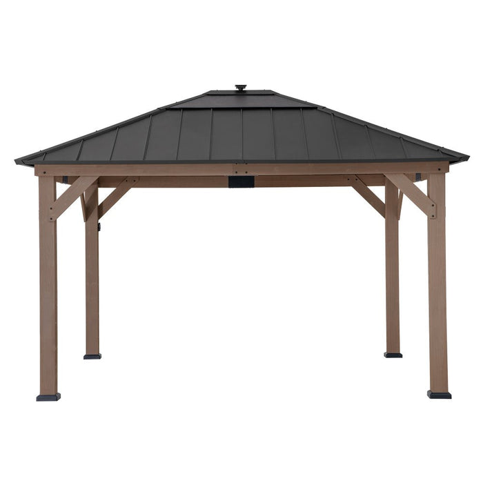 SUNJOY 11x13 Wooden Gazebo with Solar Panel, LED Lights and Ceiling Hook - Weathered Cedar