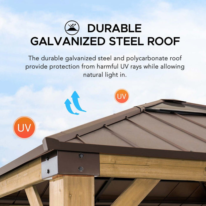 SUNJOY 11x11 Small Outdoor Wooden Gazebo with Metal Roof and Skylight