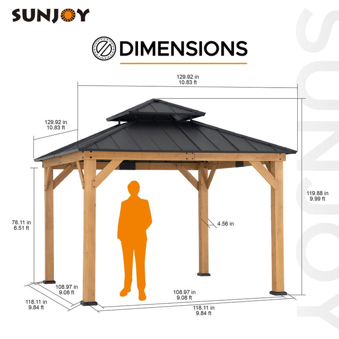 SUNJOY 11x11 Wooden Frame Backyard Hardtop Gazebo with Ceiling Hook - Upgrade Natural Cedar