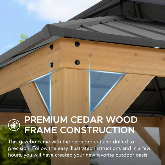 SUNJOY 11x11 Wooden Frame Backyard Hardtop Gazebo with Ceiling Hook - Upgrade Natural Cedar