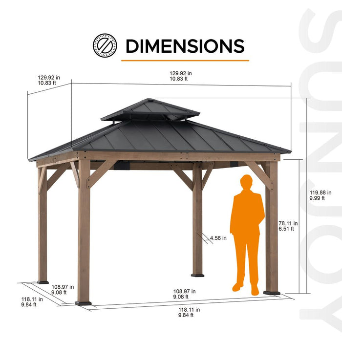SUNJOY 11x11 Wooden Frame Backyard Hardtop Gazebo with Ceiling Hook - Upgrade Weathered Cedar