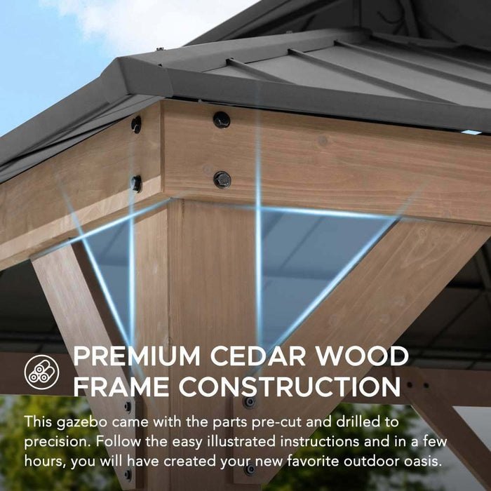 SUNJOY 11x11 Wooden Frame Backyard Hardtop Gazebo with Ceiling Hook - Upgrade Weathered Cedar