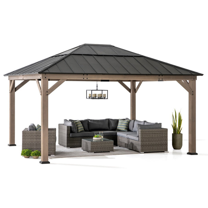 SUNJOY 13x15 Wooden Gazebo with Translucent Skylight and Ceiling Hook - Weathered Cedar