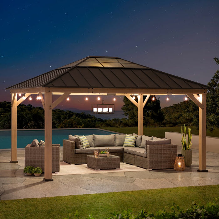 SUNJOY 13x15 Wooden Gazebo with Translucent Skylight and Ceiling Hook - Weathered Cedar