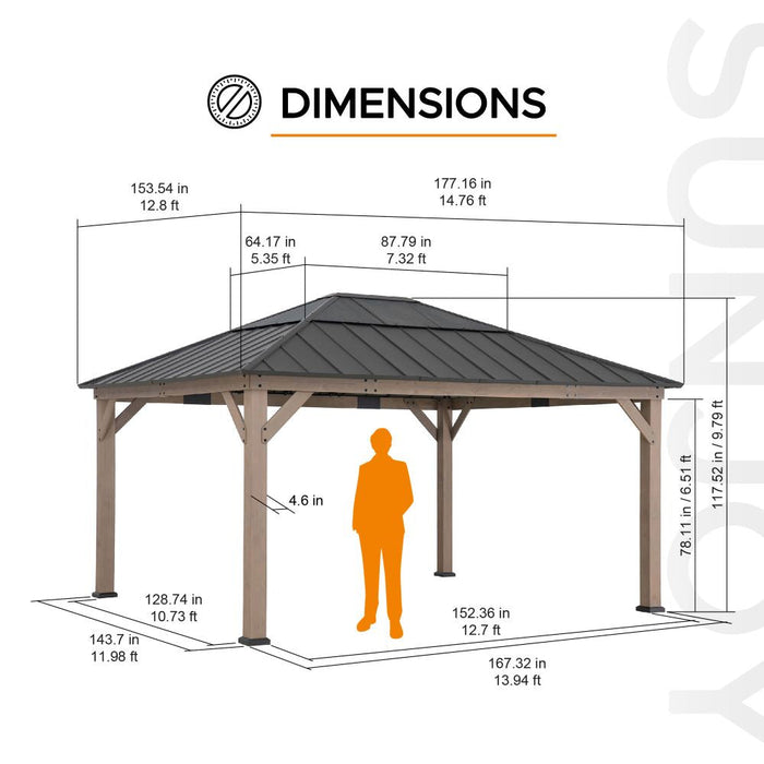 SUNJOY 13x15 Wooden Gazebo with Translucent Skylight and Ceiling Hook - Weathered Cedar