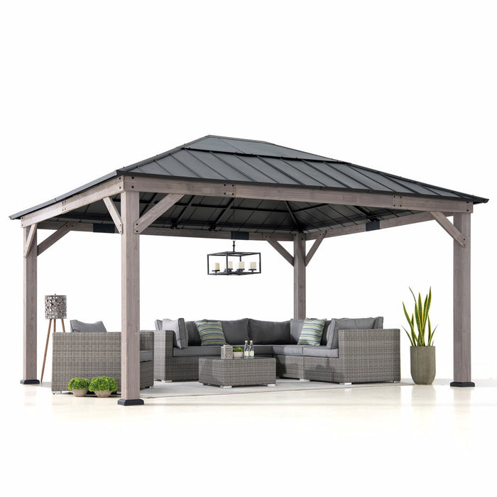 SUNJOY 13x15 Wooden Gazebo with Translucent Skylight and Ceiling Hook - Driftwood Cedar