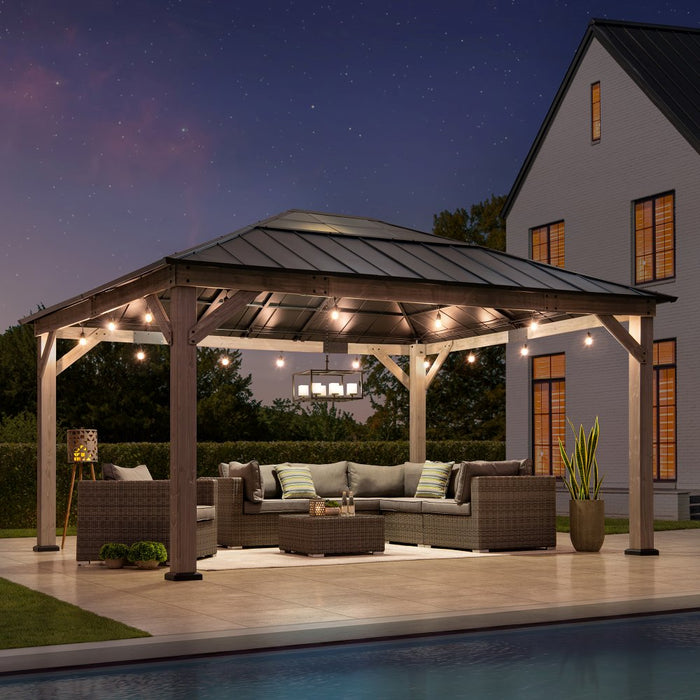 SUNJOY 13x15 Wooden Gazebo with Translucent Skylight and Ceiling Hook - Driftwood Cedar