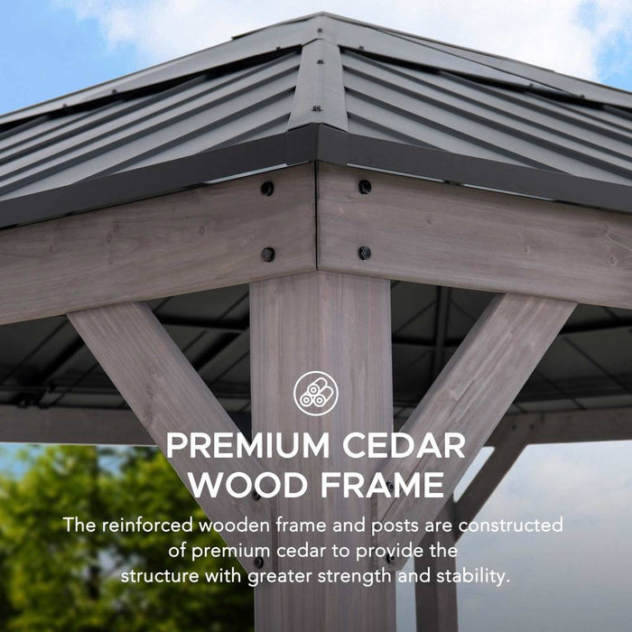SUNJOY 13x15 Wooden Gazebo with Translucent Skylight and Ceiling Hook - Driftwood Cedar