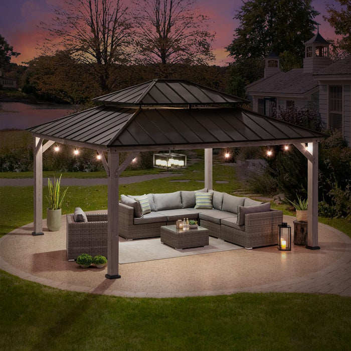 SUNJOY 13x15 Wooden Backyard Gazebo with Ceiling Hook - Driftwood Cedar