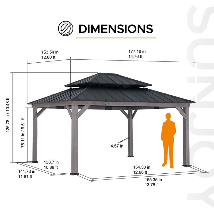 SUNJOY 13x15 Wooden Backyard Gazebo with Ceiling Hook - Weathered Cedar