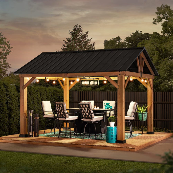 SUNJOY 11x13 Wooden Frame Gable Roof Gazebo with Ceiling Hook - Black