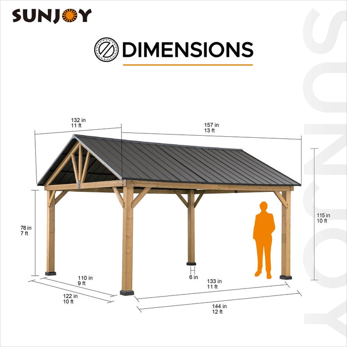 SUNJOY 11x13 Wooden Frame Gable Roof Gazebo with Ceiling Hook - Black