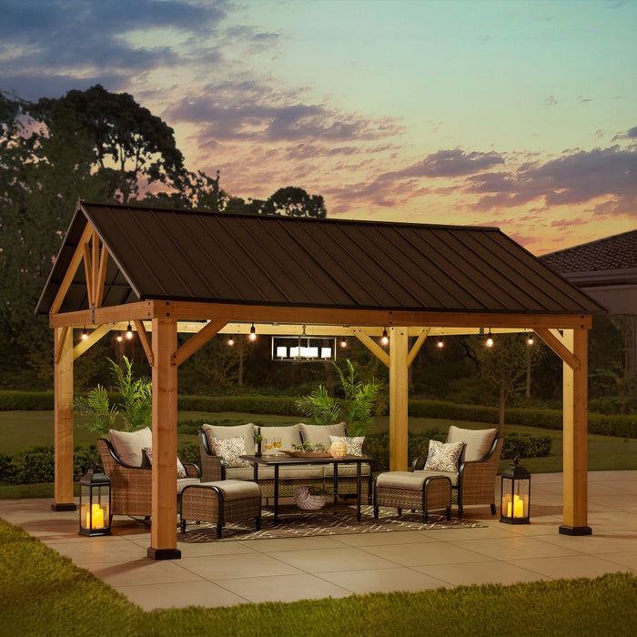 SUNJOY 13x15 Gable Roof Gazebo with Ceiling Hook - Brown