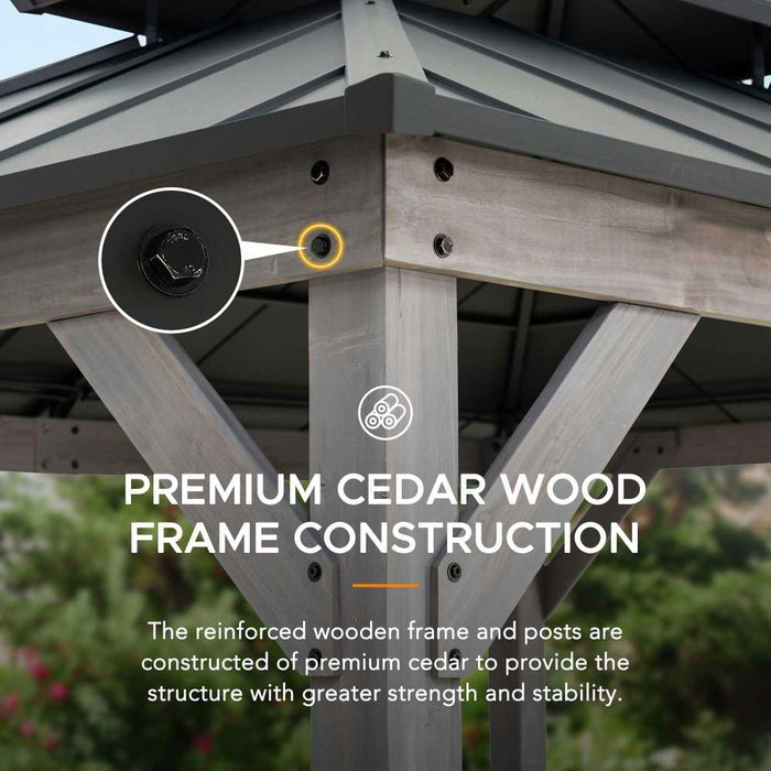 SUNJOY 10x12 Wood Gazebo with 2-tier Metal Roof and Ceiling Hook - Weathered Cedar