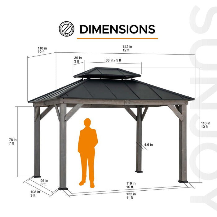 SUNJOY 10x12 Wood Gazebo with 2-tier Metal Roof and Ceiling Hook - Driftwood Cedar