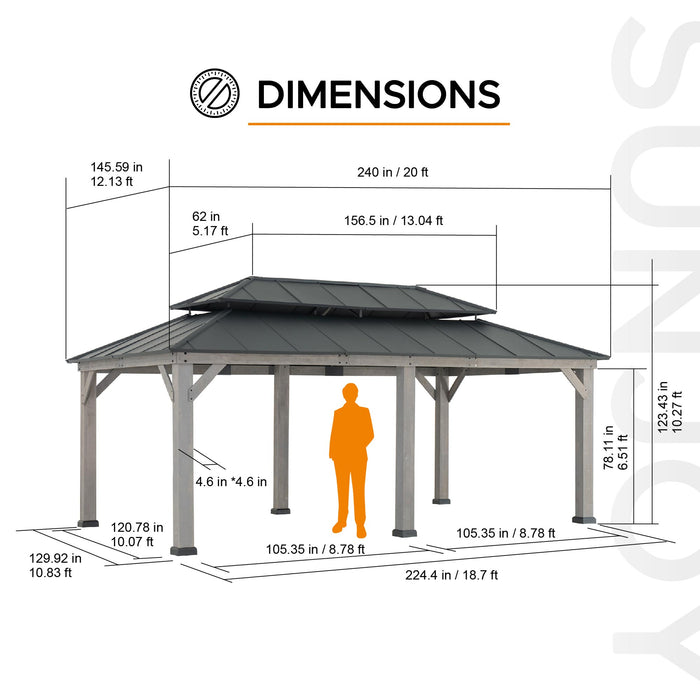 SUNJOY 12x20 Patio Wooden Gazebo with Ceiling Hooks - Standard Driftwood Cedar