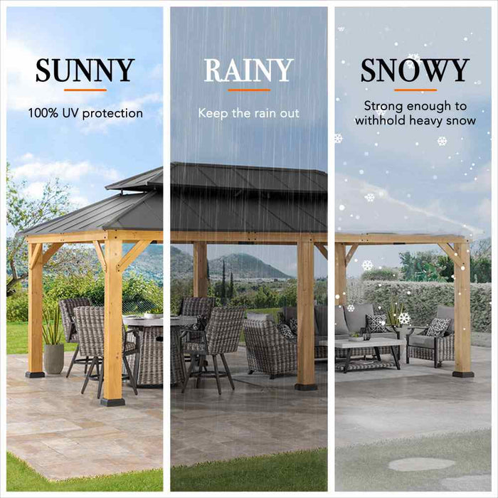 SUNJOY 12x20 Aluminum Hardtop Gazebo with Dual Rails and Ceiling Hook - Natural Cedar
