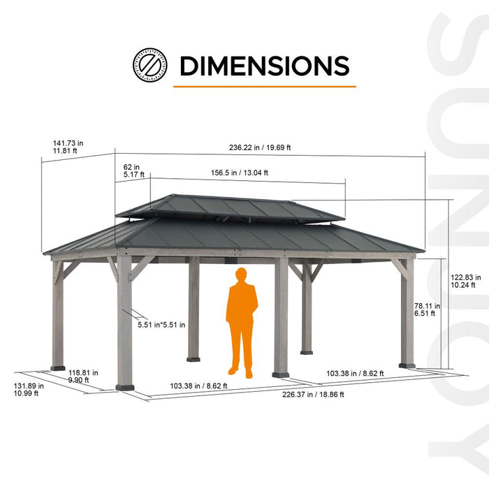 SUNJOY 12x20 Aluminum Hardtop Gazebo with Dual Rails and Ceiling Hook - Driftwood Cedar