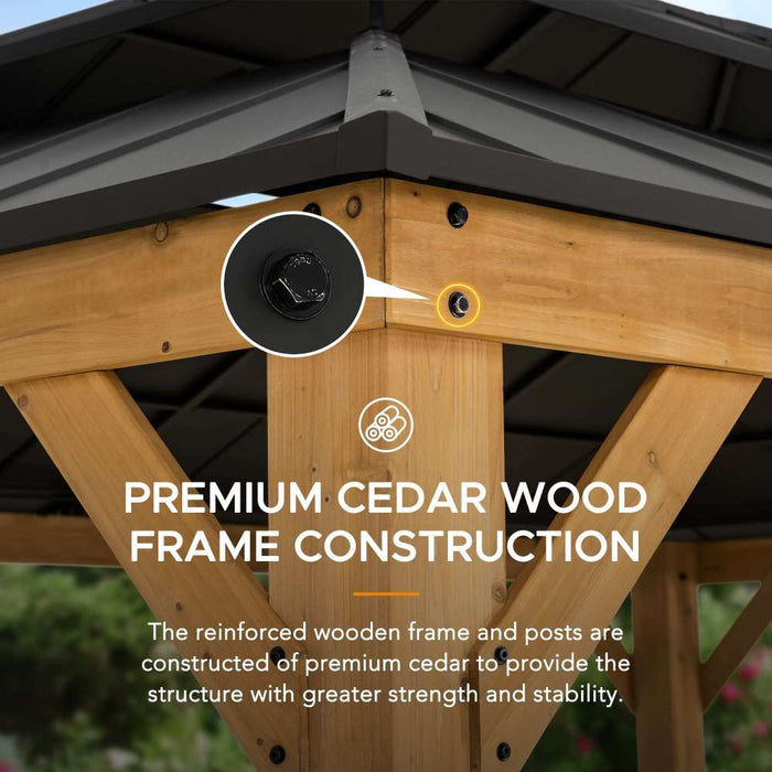 SUNJOY 12x16 Wooden Gazebo with 2-tier Metal Roof and Ceiling Hook - Natural Cedar